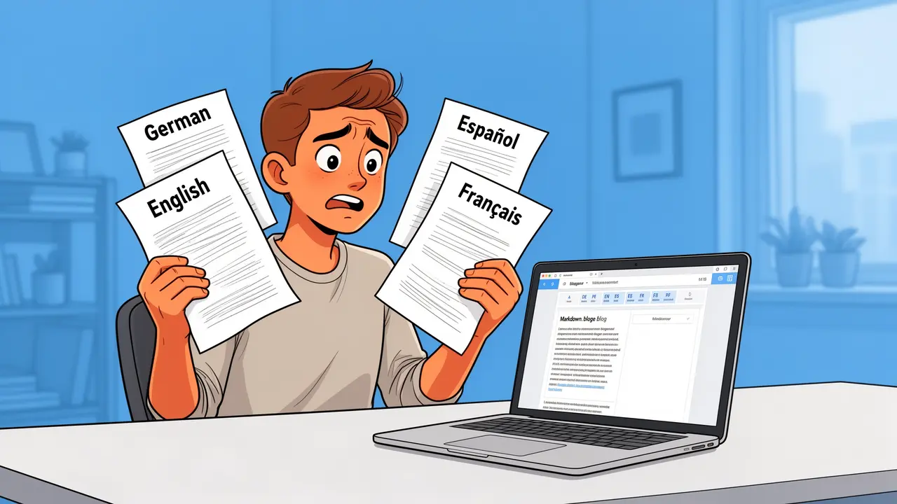 El blogger gestiona un blog multilingüe (en alemán, inglés, español y francés) desde su ordenador portátil
